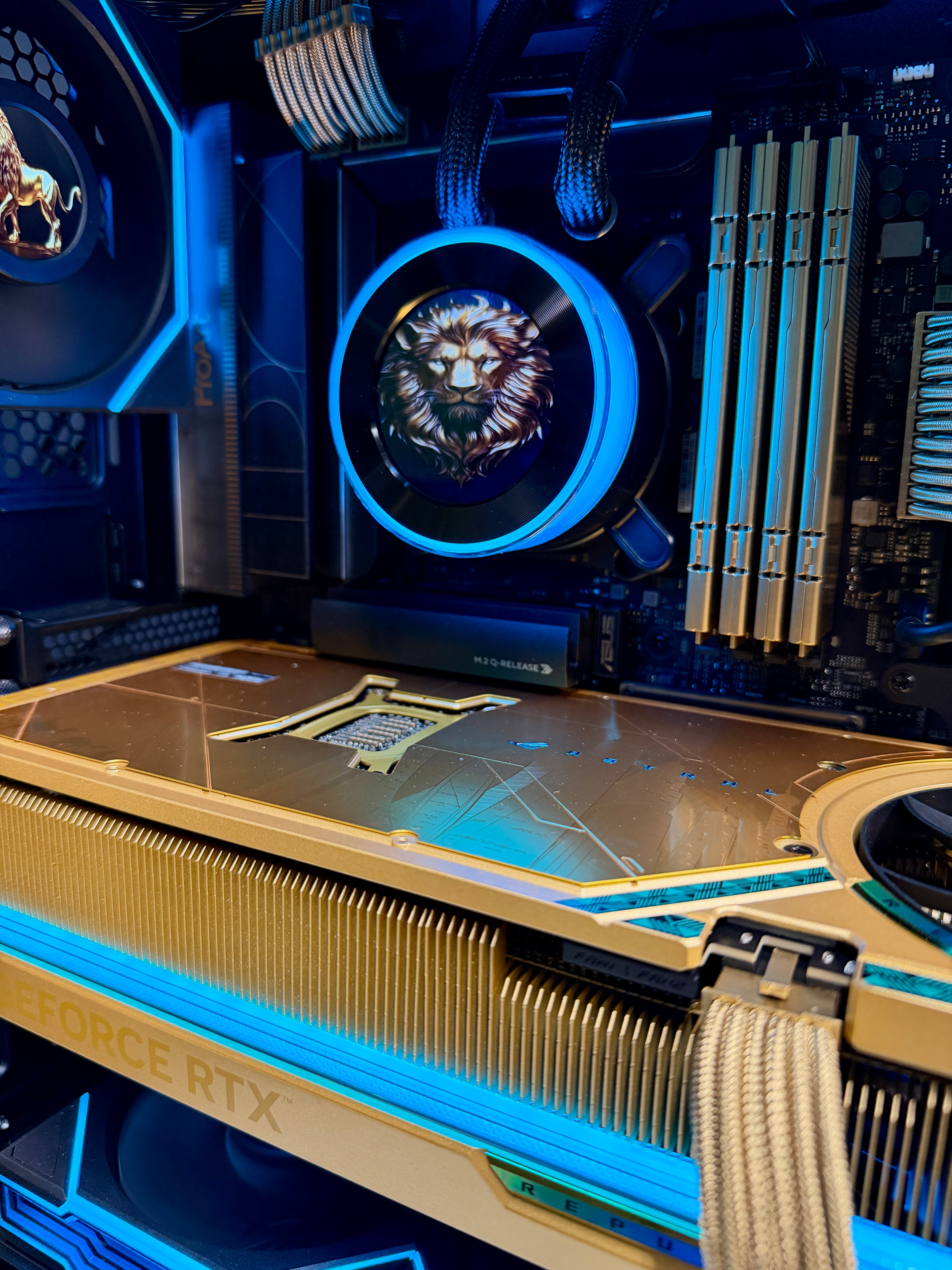 Ready-To-Ship: GOLDEN LION Themed build w/AMD Ryzen 9 9950X3D & ROG Astral 5080 Dhahab Edition, custom hand painted artwork and mods