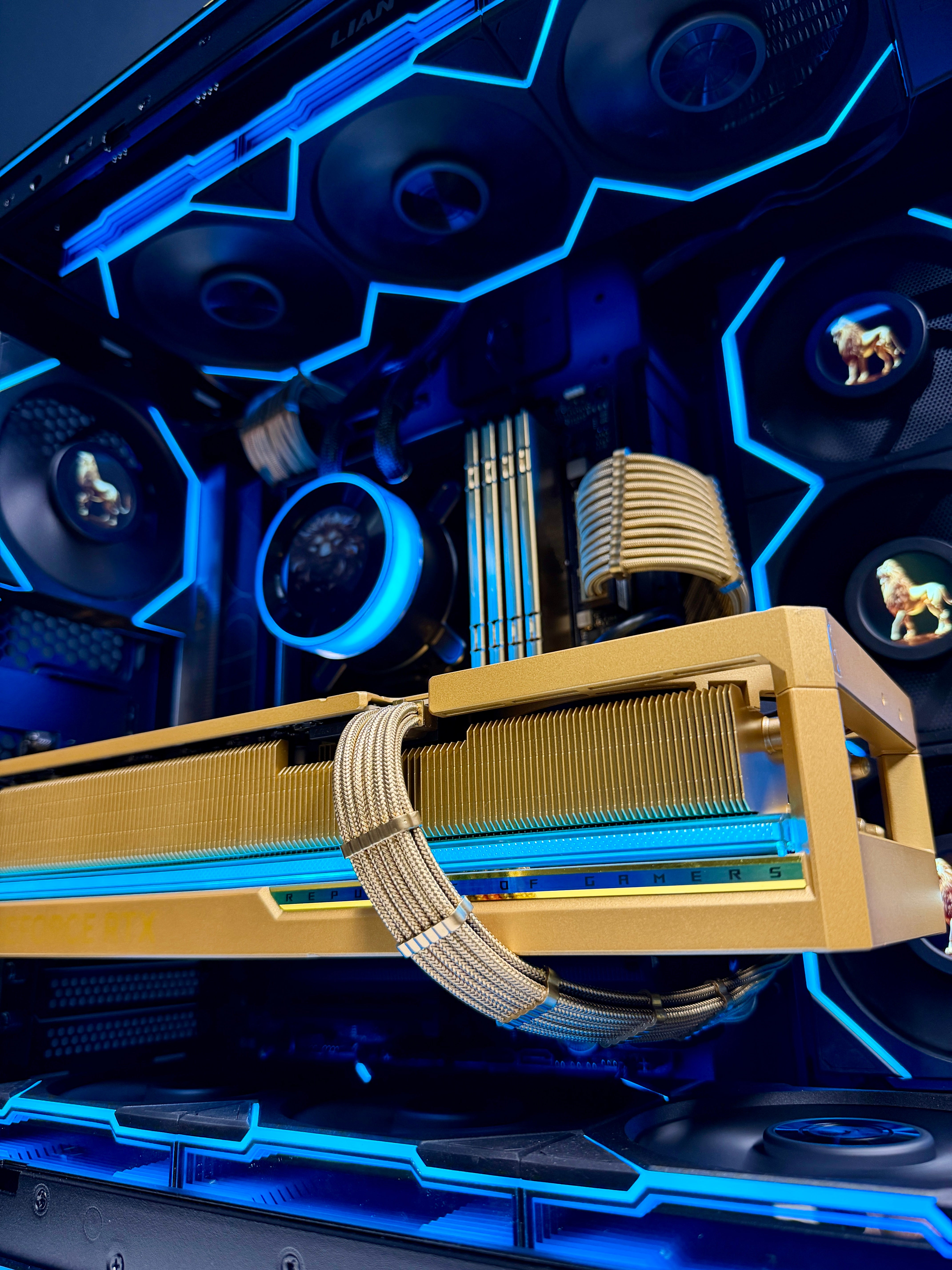 Ready-To-Ship: GOLDEN LION Themed build w/AMD Ryzen 9 9950X3D & ROG Astral 5080 Dhahab Edition, custom hand painted artwork and mods