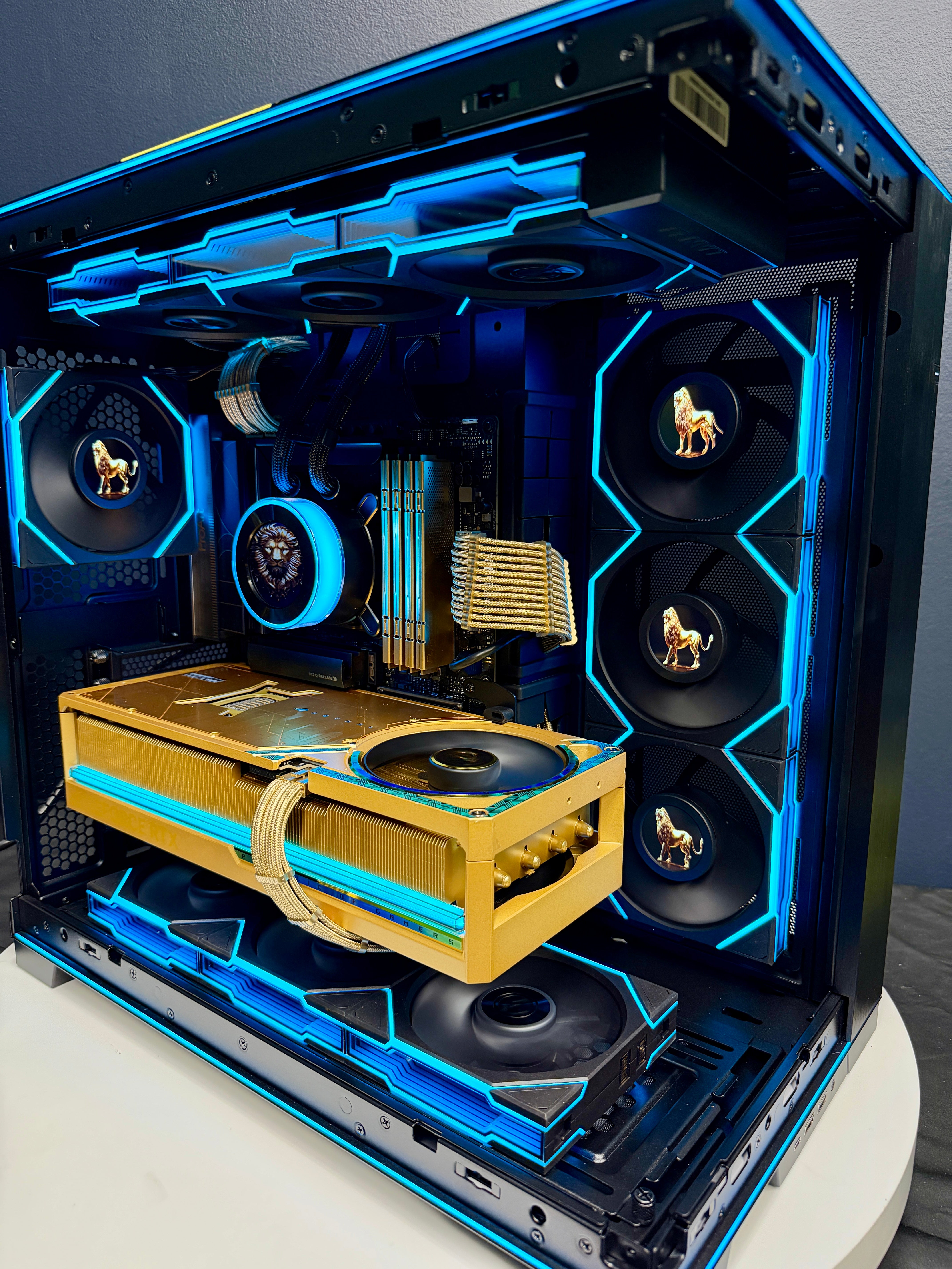 Ready-To-Ship: GOLDEN LION Themed build w/AMD Ryzen 9 9950X3D & ROG Astral 5080 Dhahab Edition, custom hand painted artwork and mods